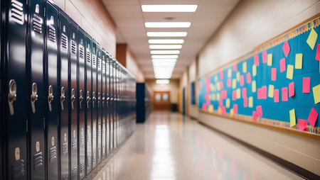 Row of lockers in a school corridor with sticky notes on the wallの素材