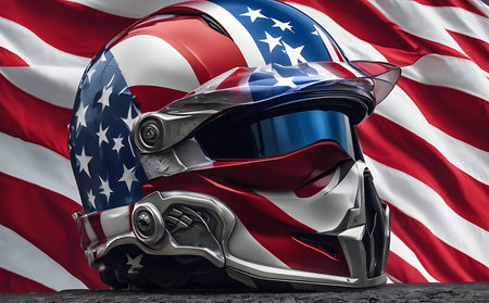 Racing helmet with American flag on the background. 3D rendering.の素材