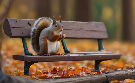 Squirrel sitting on a bench in an autumn park and eating a nutの素材