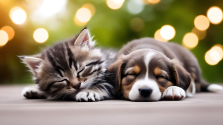 Cute kitten and puppy sleeping together on bokeh background.の素材
