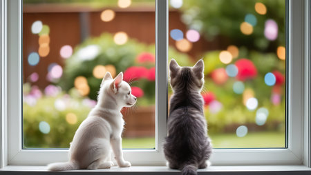Cute kittens sitting on window sill and looking out of the windowの素材