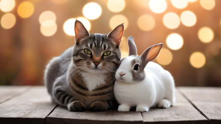 Cute cat and rabbit on wooden table on bokeh backgroundの素材