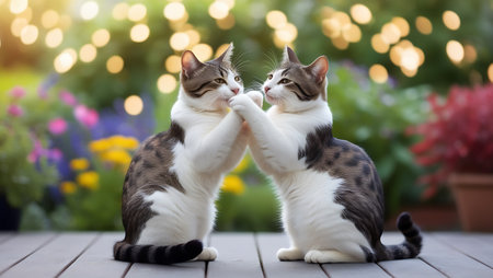 Two cats are playing in the garden on a wooden terrace.の素材