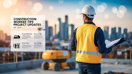 Engineer or architect with blueprint in front of construction site background.の素材