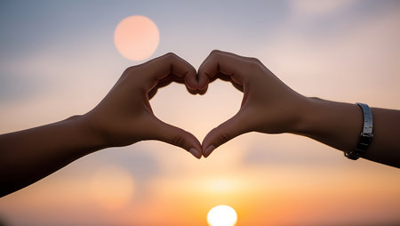 Silhouette of hands forming a heart shape with sunset background.の素材
