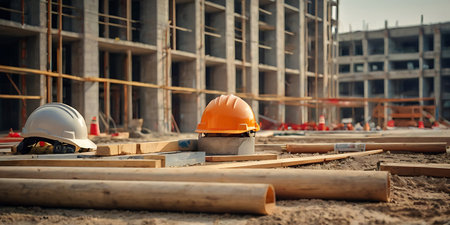Construction site with hard hat and safety equipment. Selective focus.の素材
