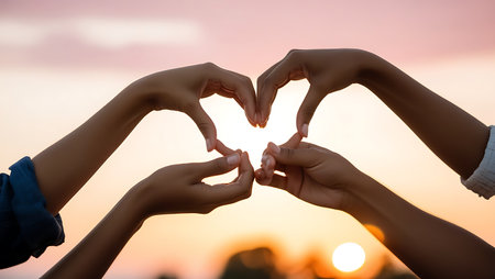 hands forming a heart shape on sunset sky background, love concept.の素材