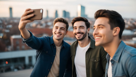 happy friends taking selfie with smartphone on roof top of building in cityの素材