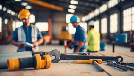Low angle view of construction workers in warehouse. Selective focus.の素材