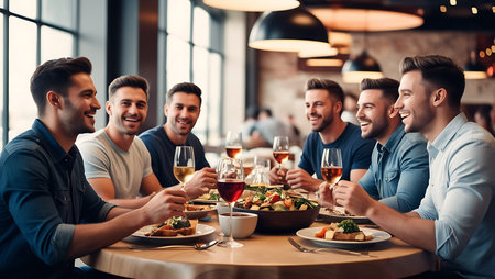 friends clinking glasses of wine and smiling while having dinner in restaurantの素材