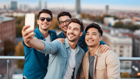 friendship, travel, technology and people concept - group of smiling friends taking selfie with smartphone over city backgroundの素材