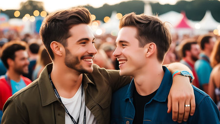 Portrait of two young men looking at each other and smiling while standing at music festivalの素材