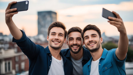 Cheerful young men taking selfie with smartphone while standing on roofの素材