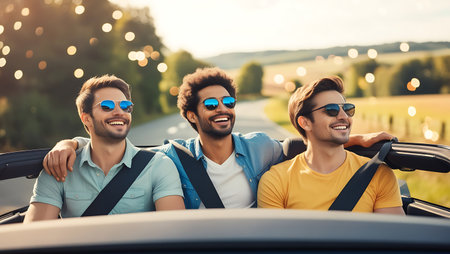 Group of friends driving in cabriolet. They are smiling and looking at camera.の素材