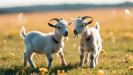 Two little goats grazing on a meadow with dandelions.の素材