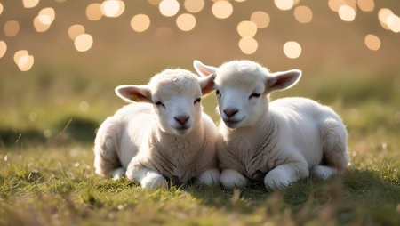 Two lambs lying on the grass with bokeh lights in the backgroundの素材