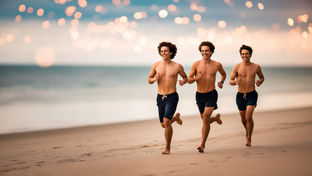 Two young men running on the beach with lights in the background.の素材