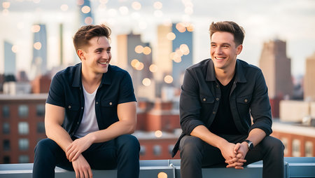 Two handsome young men sitting on the roof of a skyscraper and looking at the cameraの素材