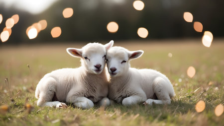Two cute lambs lying in the grass with bokeh backgroundの素材