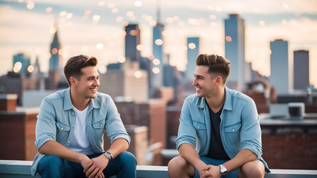 Two young men in casual clothes sitting on rooftop with city view.の素材