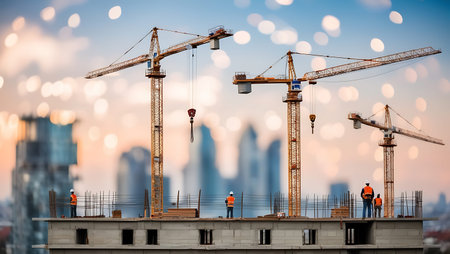 Construction site with cranes and workers over blurred cityscape background.の素材