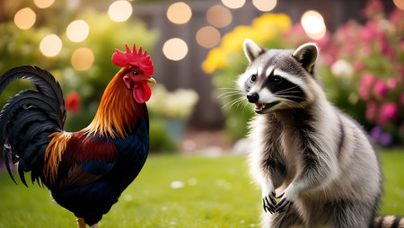 Raccoon and rooster in the garden on bokeh backgroundの素材