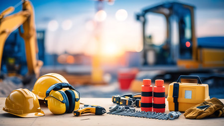 Industrial construction site with hard hat, safety helmet and other tools.の素材