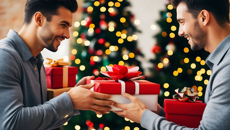 happy young man giving gift box to his boyfriend at christmas treeの素材