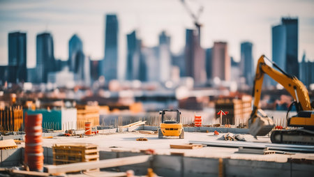 Construction site of a new residential complex in the city against the background of skyscrapersの素材