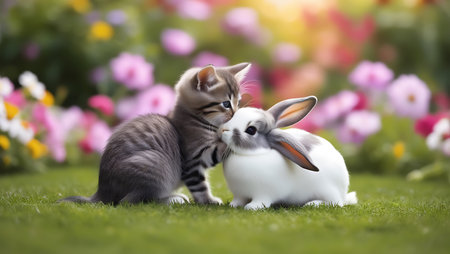 Cute little kitten and rabbit sitting on the grass with flower backgroundの素材