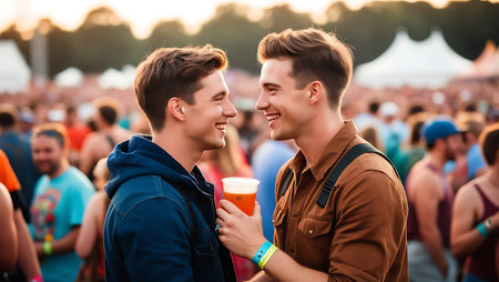 Two young men on the background of the crowd at a music festivalの素材