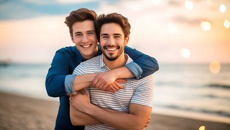 Portrait of a happy friends embracing on the beach at sunsetの素材