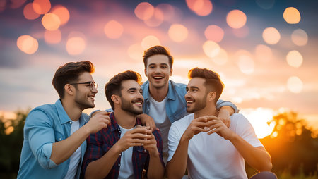 friendship, leisure, friendship and people concept - group of smiling friends hugging and drinking beer outdoorsの素材