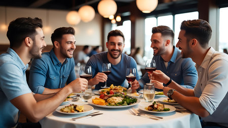 Group of friends having dinner together in restaurant. Young men and women sitting at the table and drinking wine.の素材