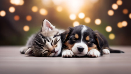 Kitten and puppy sleeping together on a wooden floor with bokeh backgroundの素材