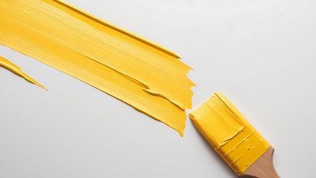 Brush with yellow paint on a white background, close-upの素材