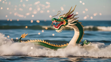Dragon boat floating on the sea with bokeh light background.の素材