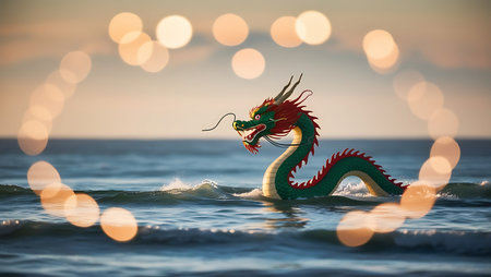 Chinese dragon in the sea with bokeh background,vintage toneの素材