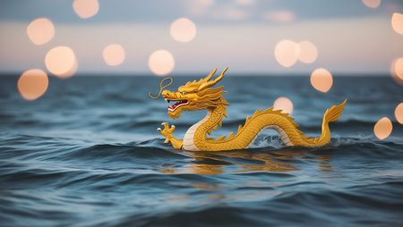 Chinese dragon in the sea with bokeh background. 3d renderingの素材