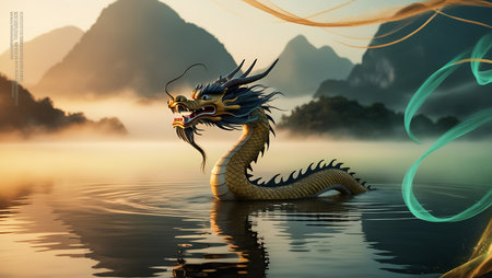 Dragon on the water with fog in the background. 3d renderingの素材