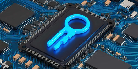 Key on the motherboard, 3d rendering. Computer digital drawing.の素材