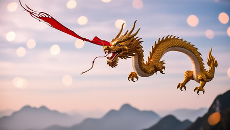 Chinese dragon with red kite flying over the mountain. 3d renderingの素材