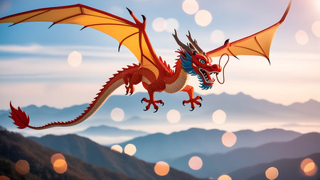 Dragon flying over the mountains. 3D rendering. Bokeh effect.の素材