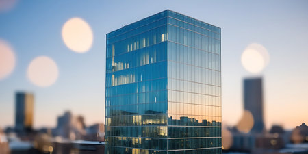 Modern glass skyscrapers in the city at sunset. Business conceptの素材