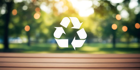 Recycling symbol on wooden table in park with bokeh backgroundの素材