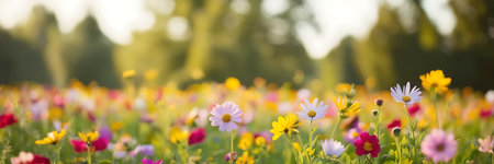 Colorful spring flowers in the garden. Panoramic image.の素材