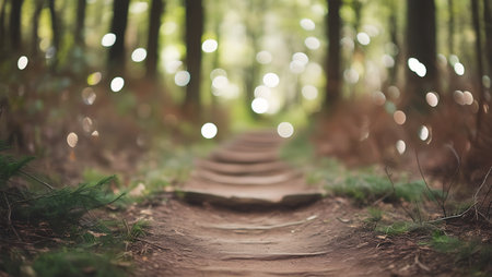 path in the forest with bokeh lights and lens flare effectの素材