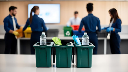 Recycling bins in the office with people in the background.の素材
