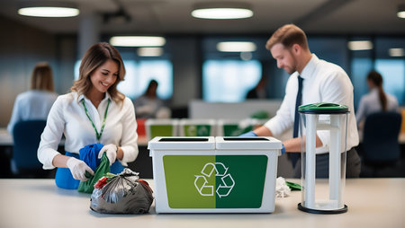 Group of young business people throwing garbage into recycling bin in modern officeの素材