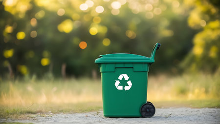 Trash can on the grass in the park with bokeh backgroundの素材